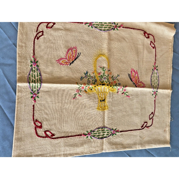Vintage Embroidery Flower Basket Pillow Cover Case Butterflies 17x16 - Picture 9 of 12